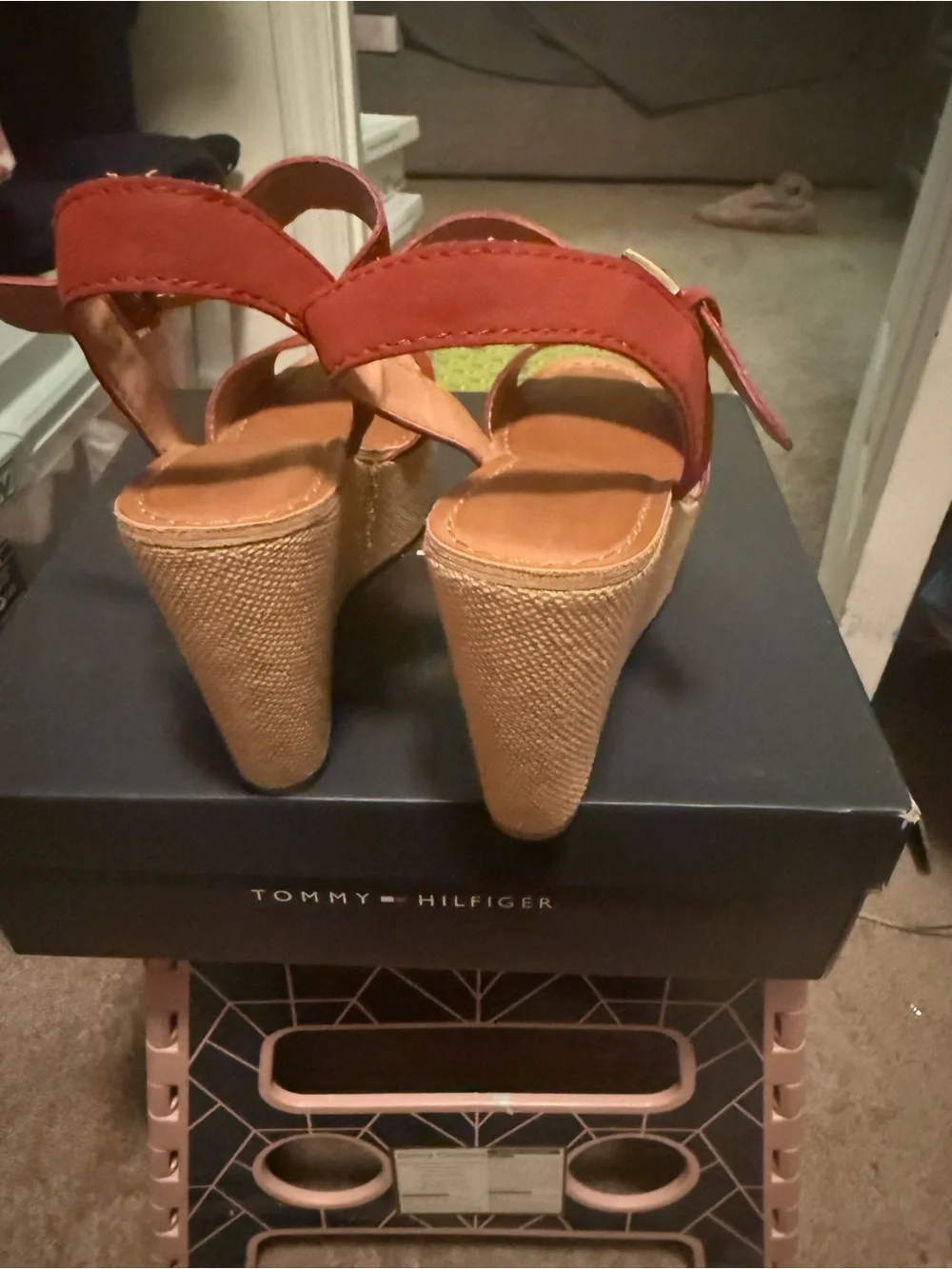 Tommy Hilfiger Terracotta Wedge Sandals with Gold Buckle